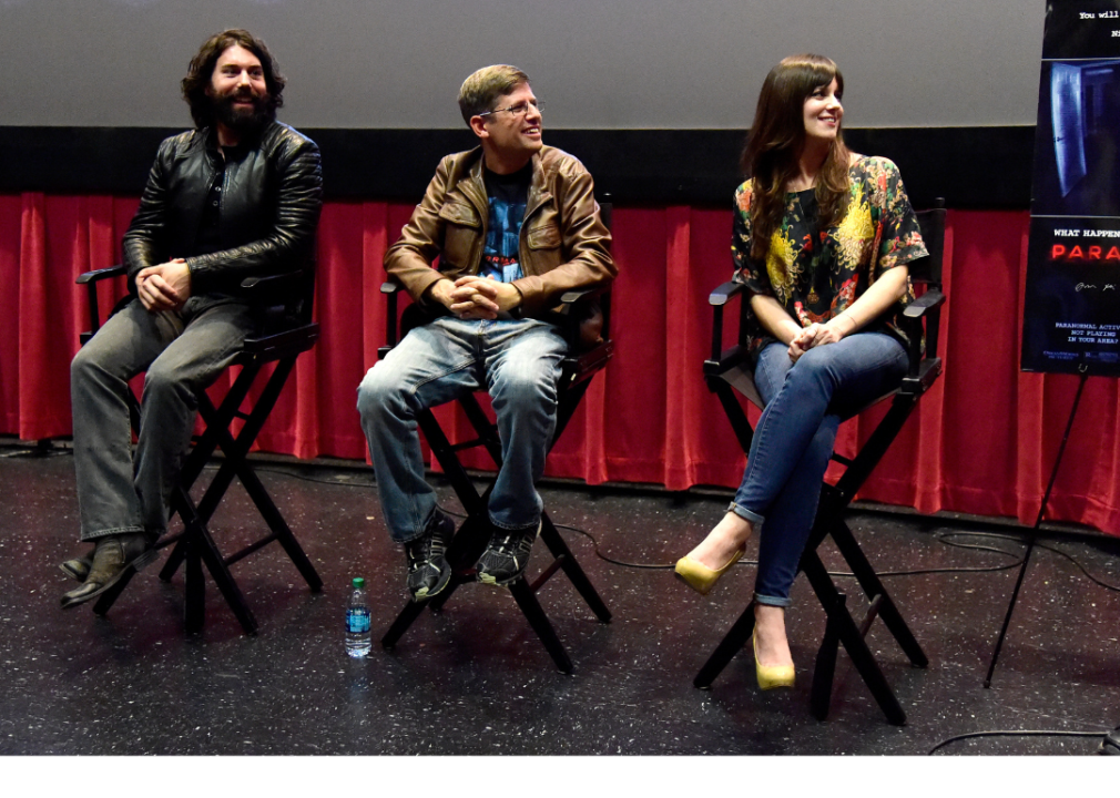 Micah Sloat, filmmaker Oren Peli and Katie Featherston attend a screening and Q&A at Screamfest in 2015.