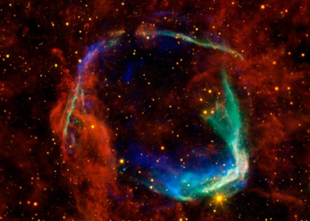 Data combined from four different space telescopes to create a multi-wavelength view of a supernova called RCW 86