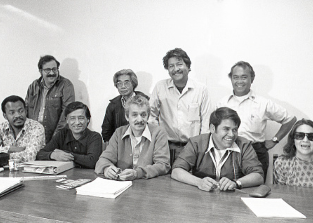 Philip Vera Cruz poses with Dolores Huerta and the National Executive Board of the United Farm Workers Group.