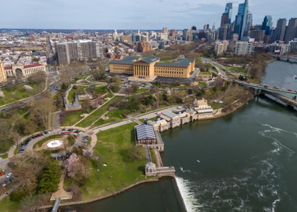 Aerial shots of Philadelphia Schulkill River and Boathouse Row