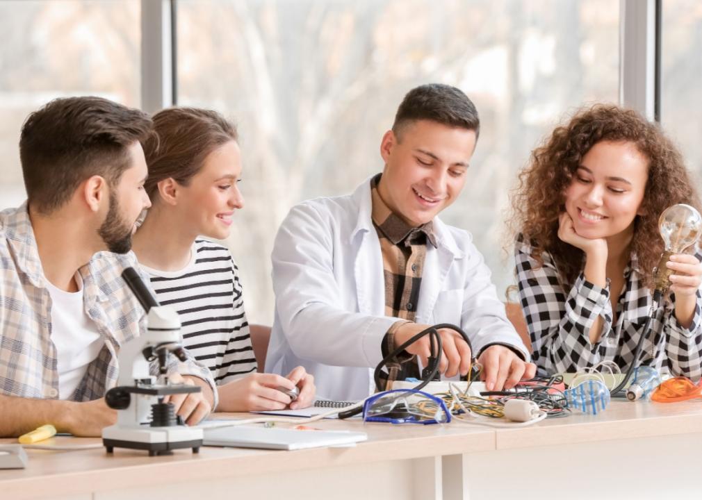 A group of students sitting at a table. A young male is touching cables in front of him while a female student is holding a bulb. 