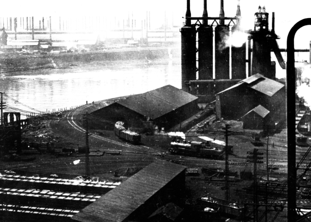The blast furnaces and rolling mills of the Homestead Steel Works in Pittsburgh.