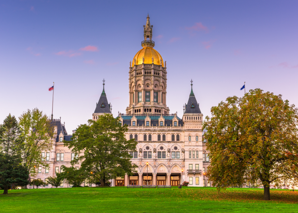 The ornate historic Capitol building in Hartford with a gold dome on top.