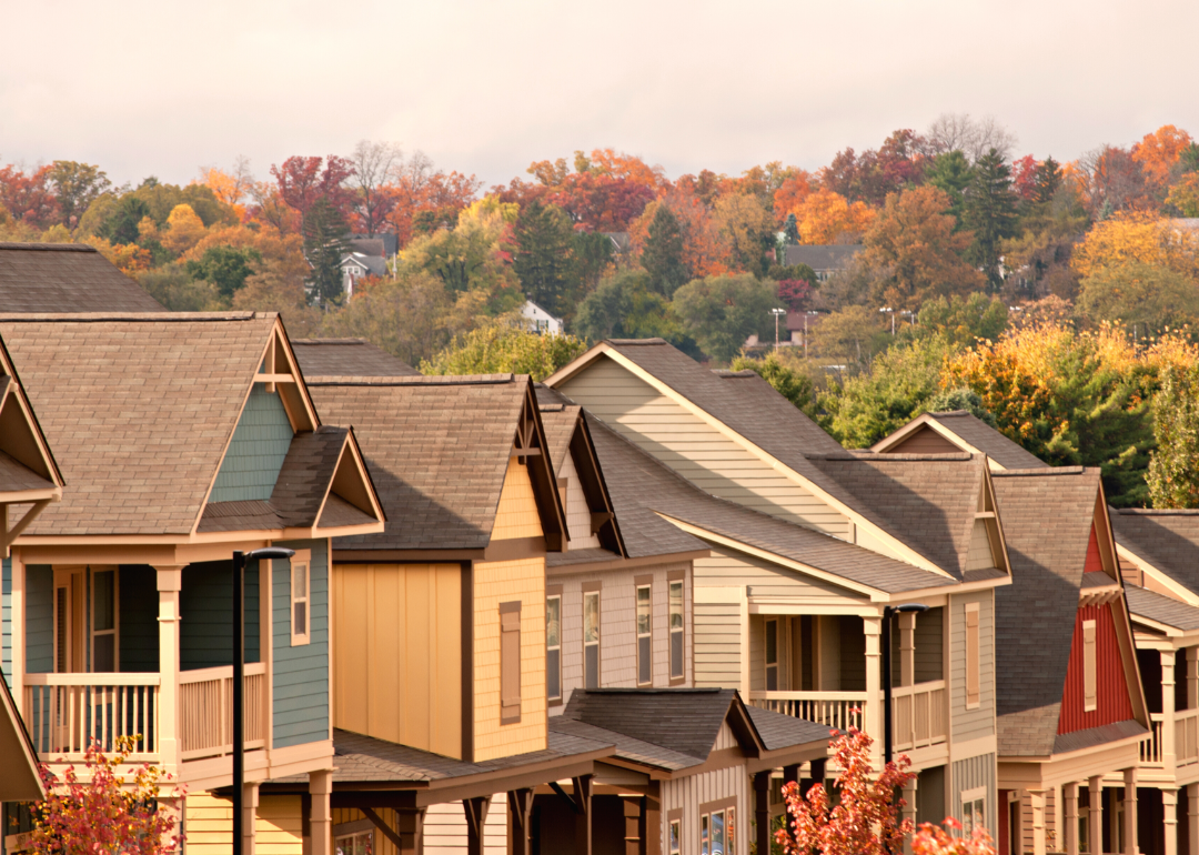 Multi-colored townhouses in Pennsylvania in autumn.