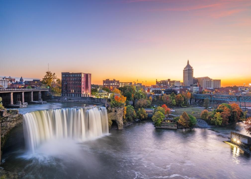 The Rochester waterfall and skyline.