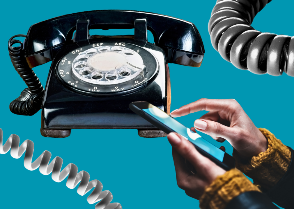 Photo illustration of a rotary phone and a person using a smartphone against a teal background.
