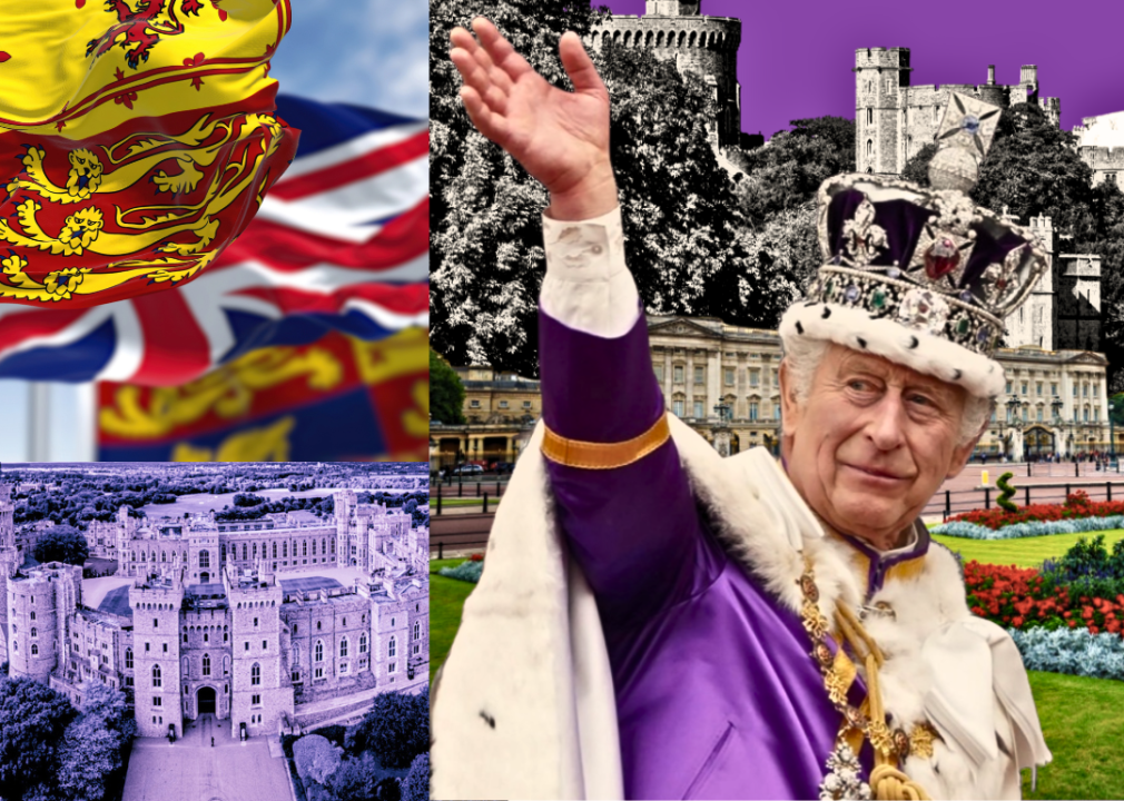 An illustration showing King Charles III waving with Windsor Castle in the foreground and the British flag in the background.