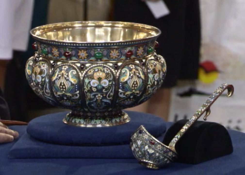 A Russian enamel silver punch bowl and ladle.