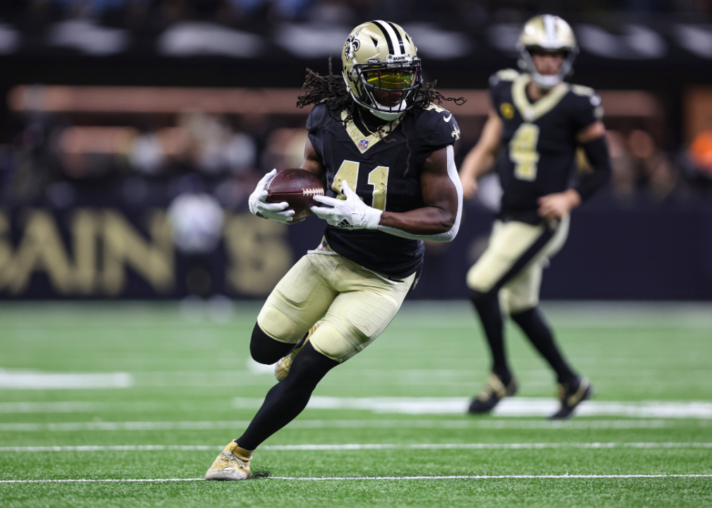 Alvin Kamara, #41 of the New Orleans Saints, runs the ball during an NFL game against the Tampa Bay Buccaneers at Caesars Superdome in New Orleans, Louisiana.