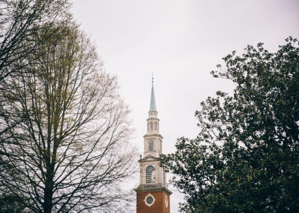 Windows in the top of a historic building at Samford University.
