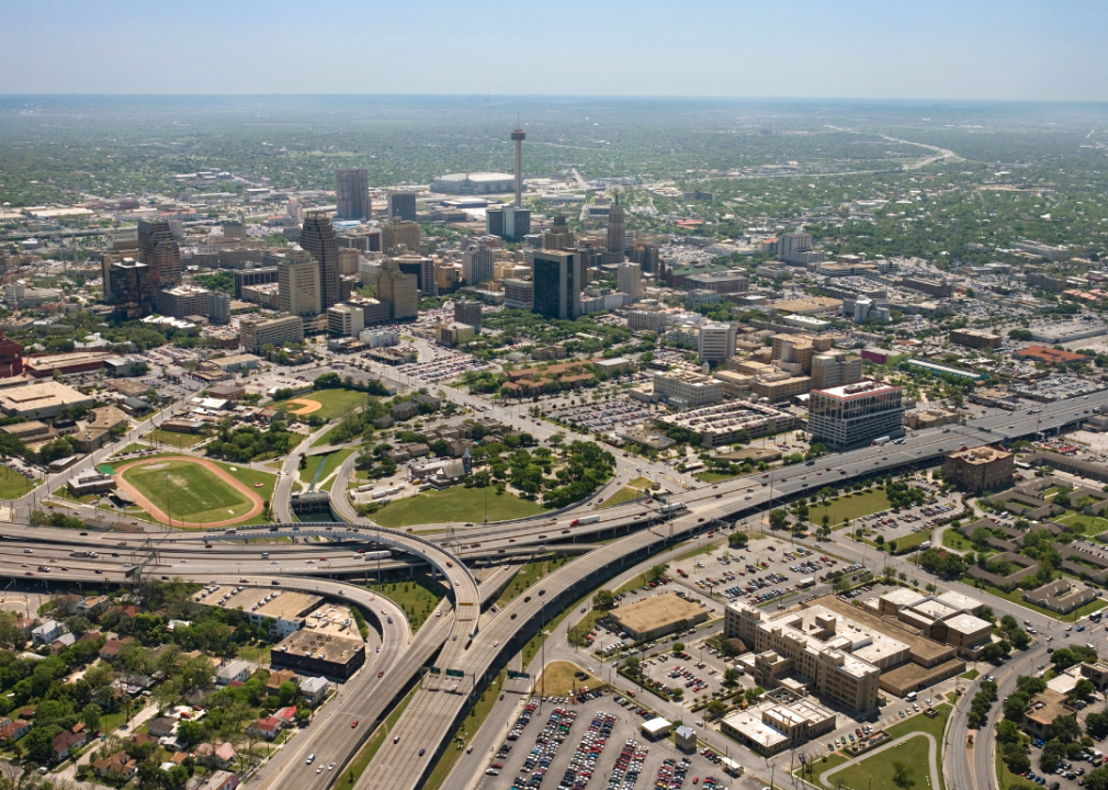 Several highways intersecting in the foreground with aerial view of a city in the background.