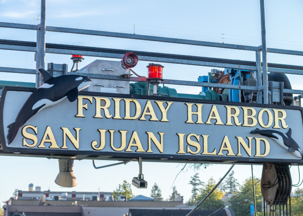 A sign reading Friday Harbor San Juan Island.