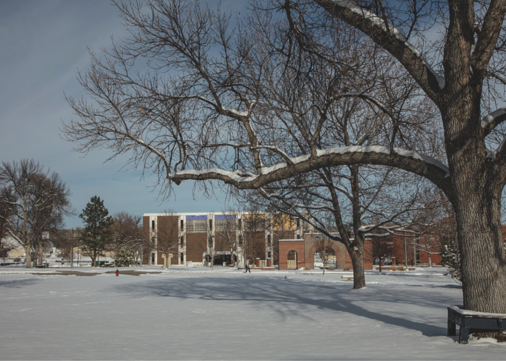 A large brick building in the distance with a snowy campus with large bare trees in the foreground.