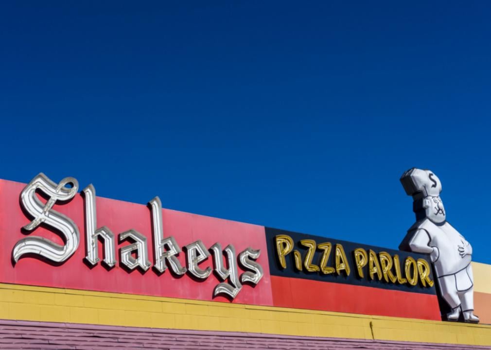 A Shakey's Pizza sign with a blue sky in the background.