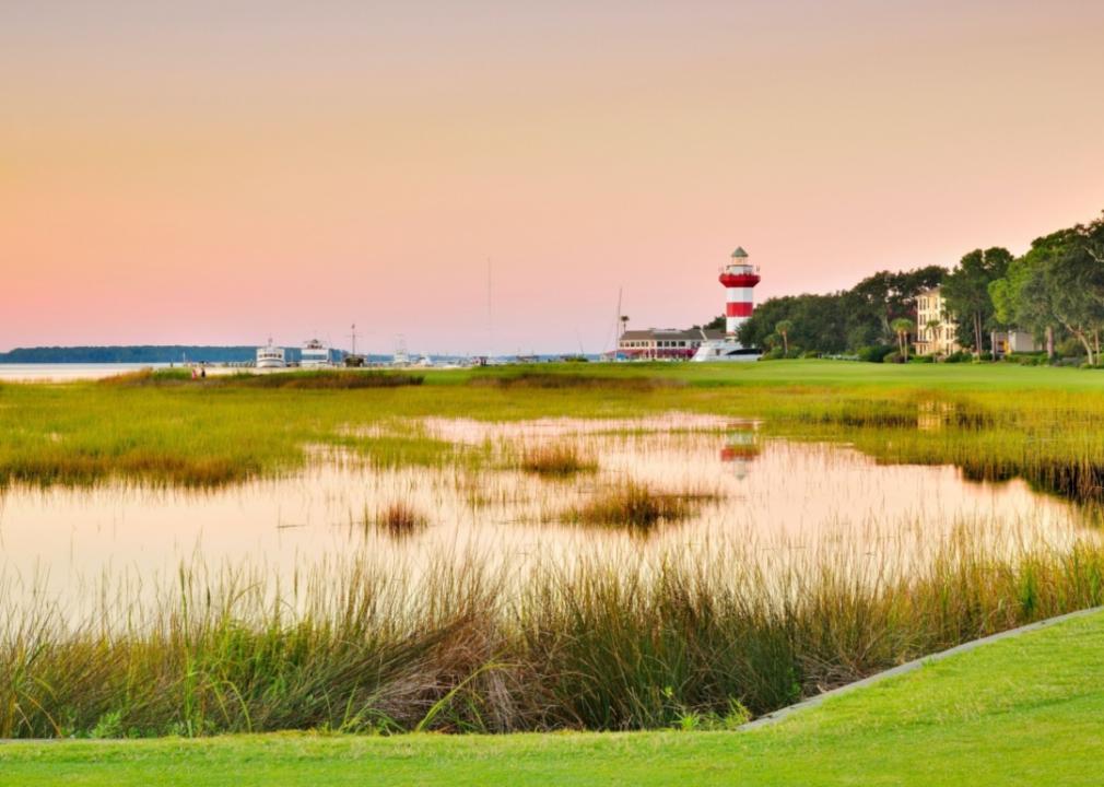 Coastal landscape at sunset.