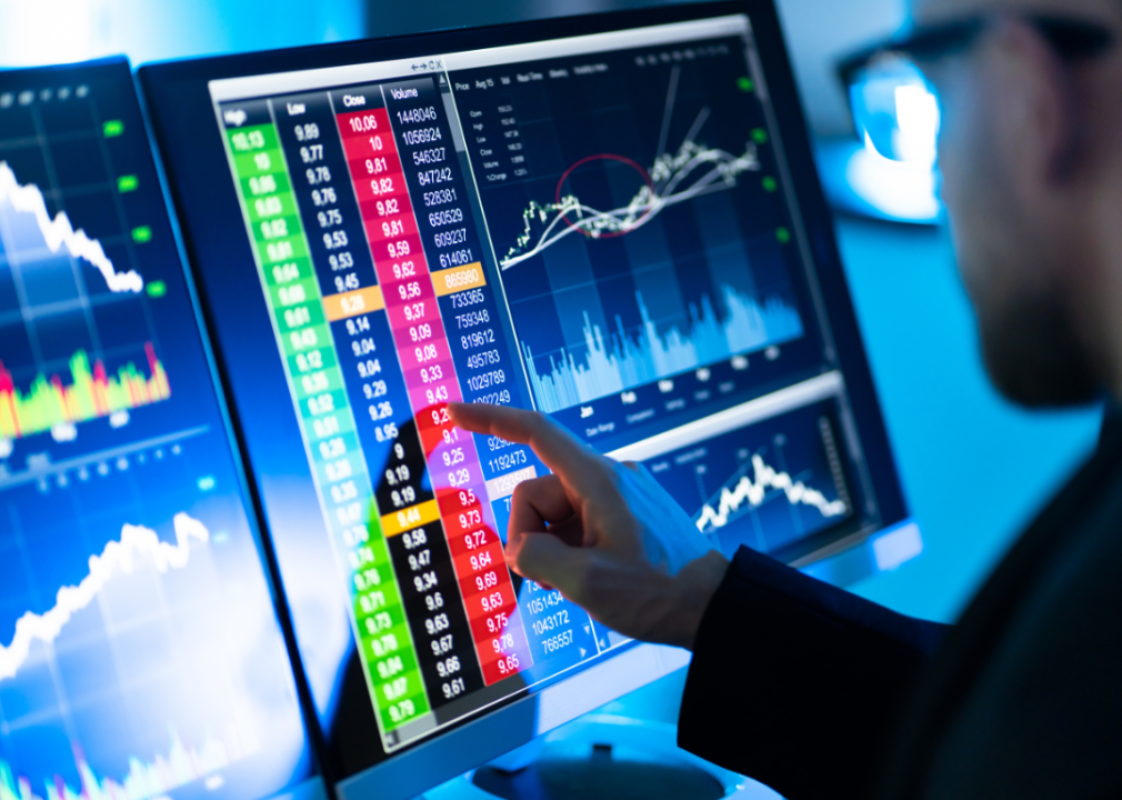 Stock trader using multiple computer monitors.