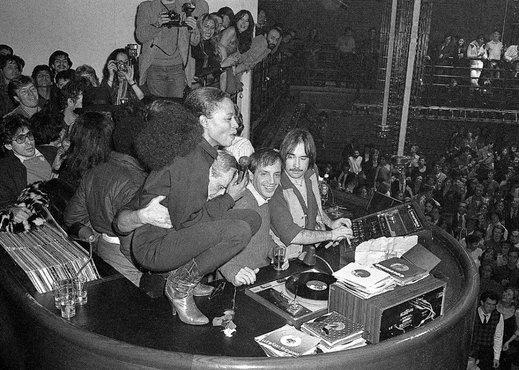 Diana Ross and Steve Rubell at Studio 54 disc jockey booth