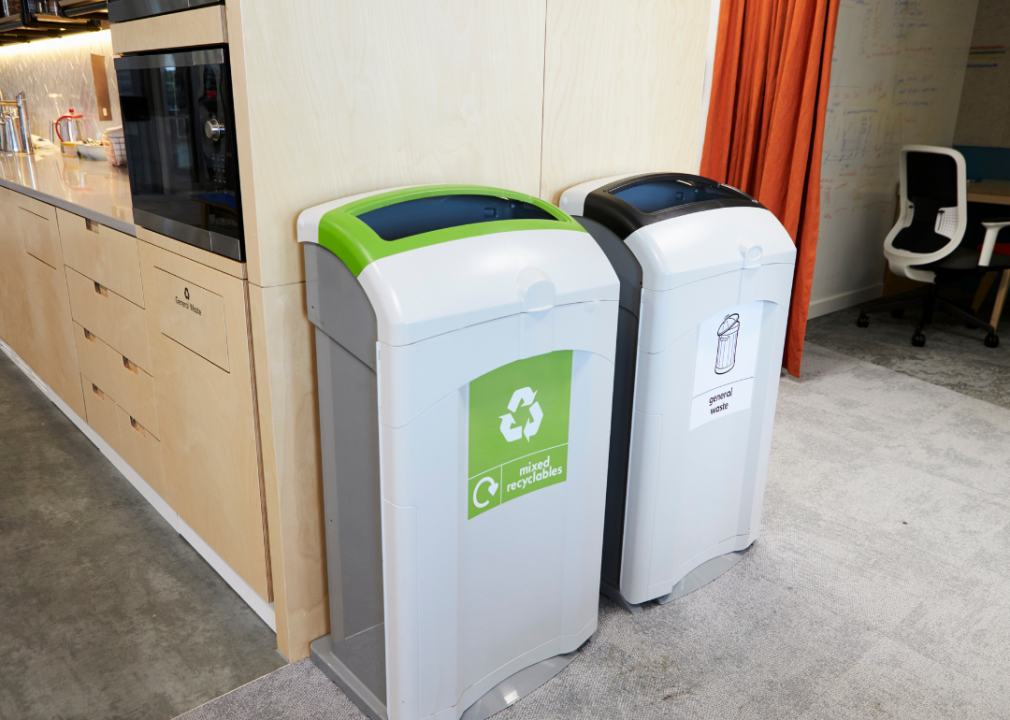 Recycling and trash bins in a modern office.