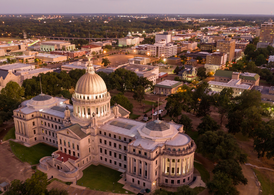 An aerial view of the Capitol in Jackson at dusk.