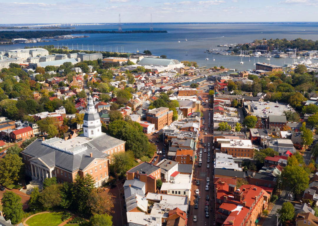 An aerial view of Annapolis on the water.