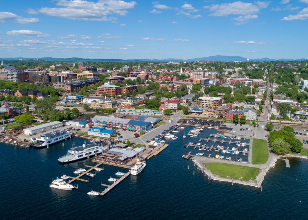 An aerial view of Burlington on the water.