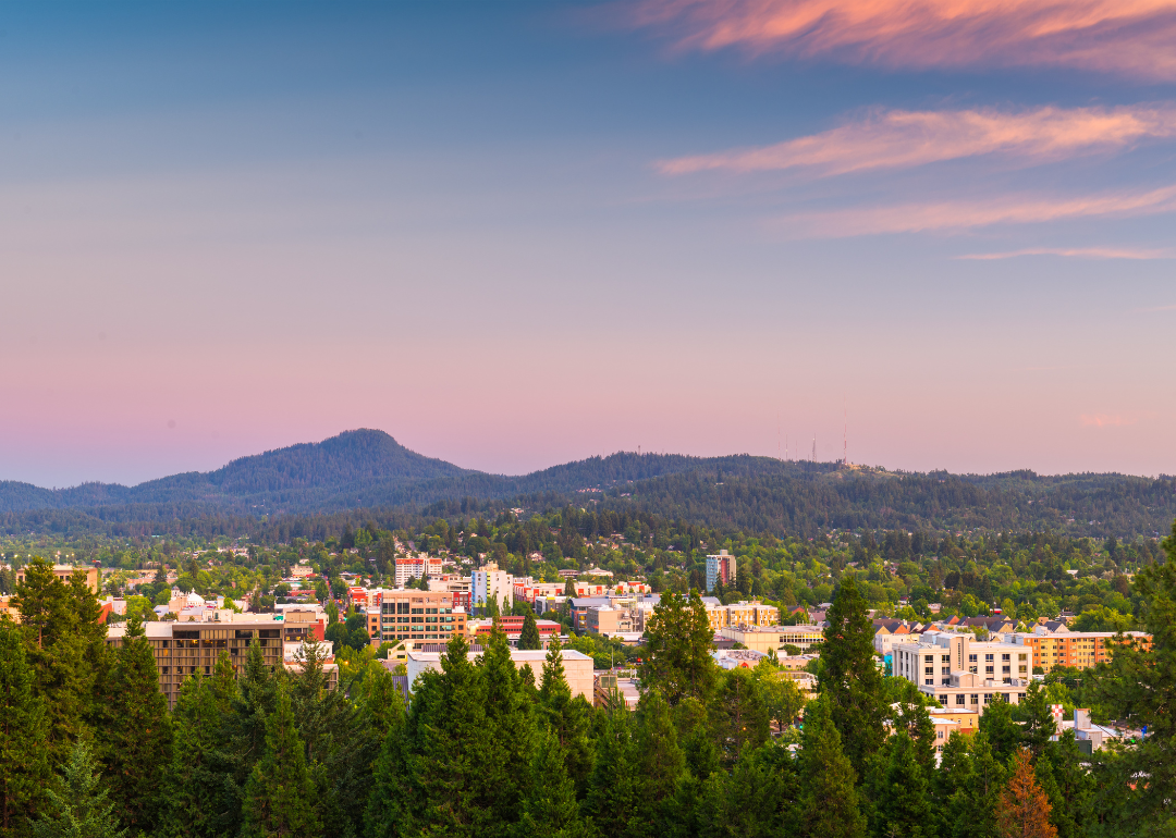 An aerial view of Eugene at sunset.