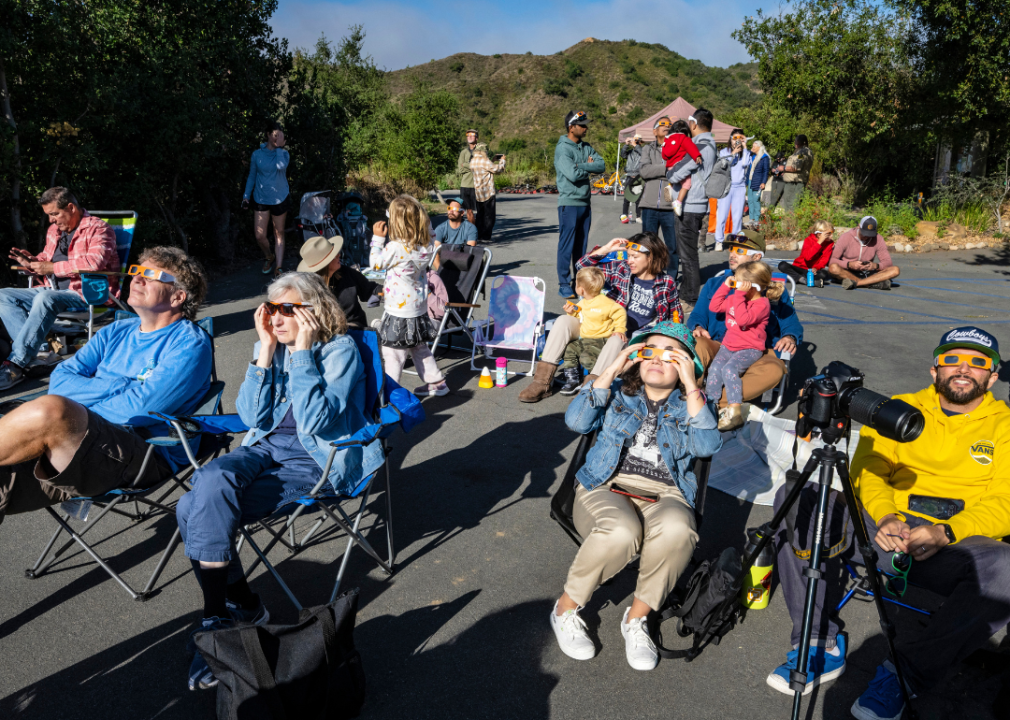 People gathered in a parking lot sitting in foldable chairs, wearing glasses and looking up into the sky. 