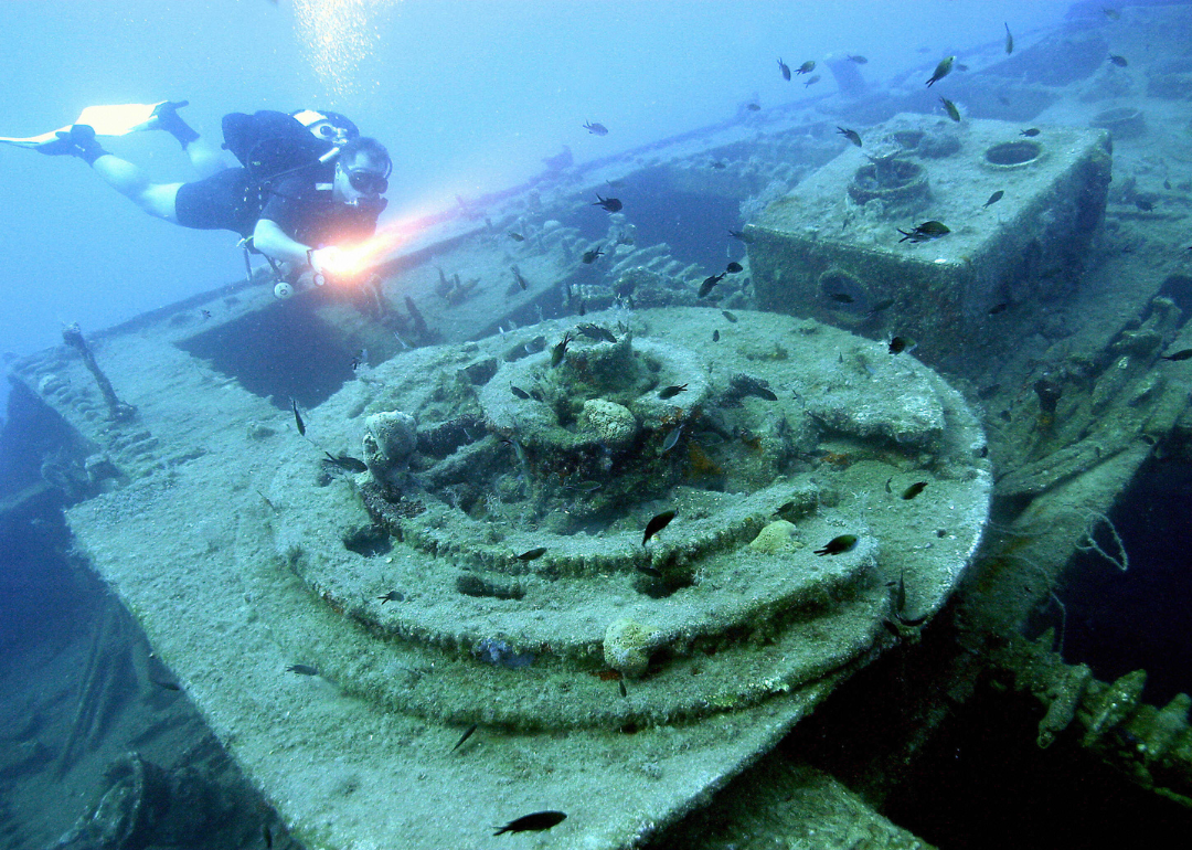 A diver in Turkey explores the wreckage of a WWI French Navy ship.