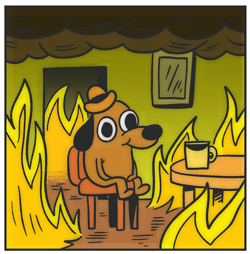 A dog in a comic strip sits in a room with fire all around.
