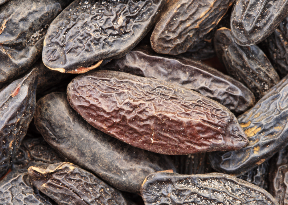 Closeup of a pile of tonka beans.