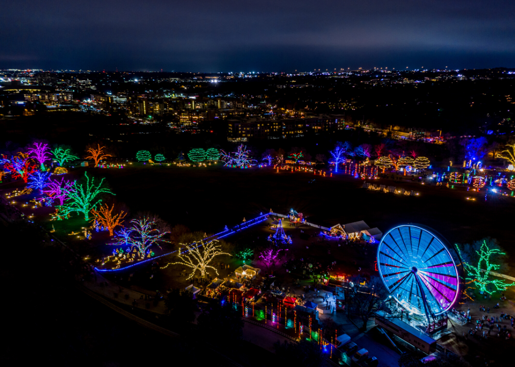 Aerial view of Austin’s Christmas Lights and ferris wheel.