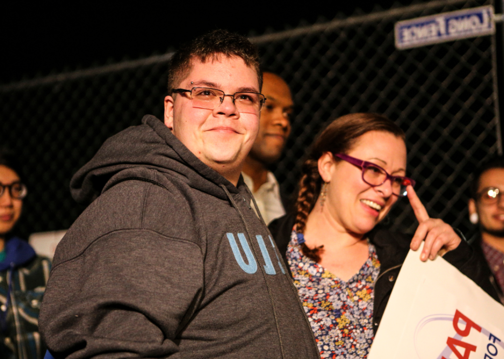 Transgender teen, Gavin Grimm, left, and Vanessa Ford, right, mother of a transgender child, join a protest outside White House in support of trans students on February 20, 2017 in Washington DC. Grimm is requesting to be allowed to use the boys