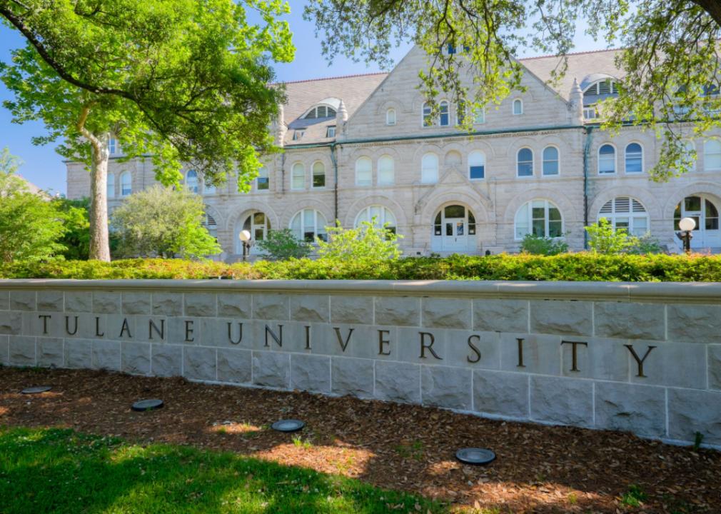 Exterior view of Tulane University with stone sign in the foreground.