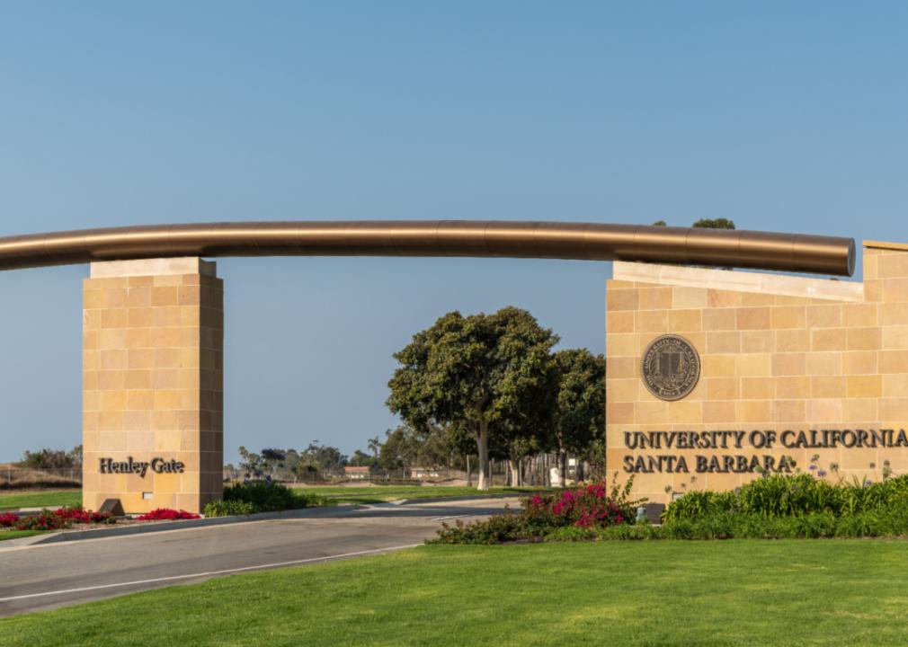 A brown stone gate with University of California Santa Barbara lettering on the right side of the gate. 