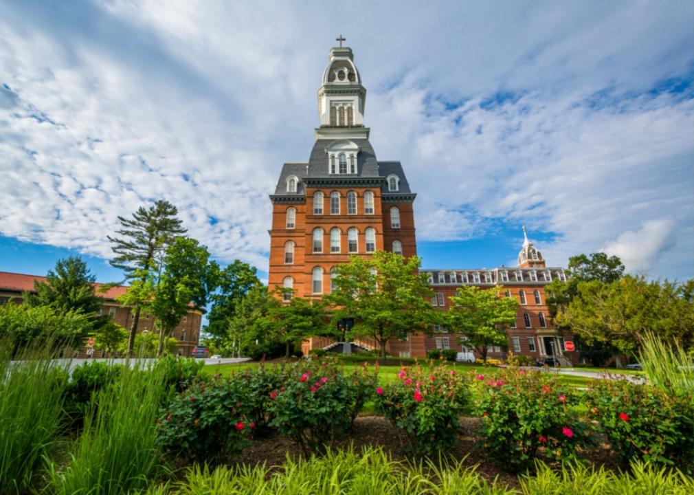 #34. University of Notre Dame Pink roses in front of Gibbons Hall at University of Notre Dame.