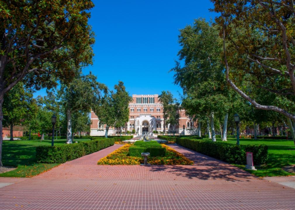 #41. University of Southern California Flowers in front of the Edward L. Doheny Jr. Memorial Library on University of Southern California campus.