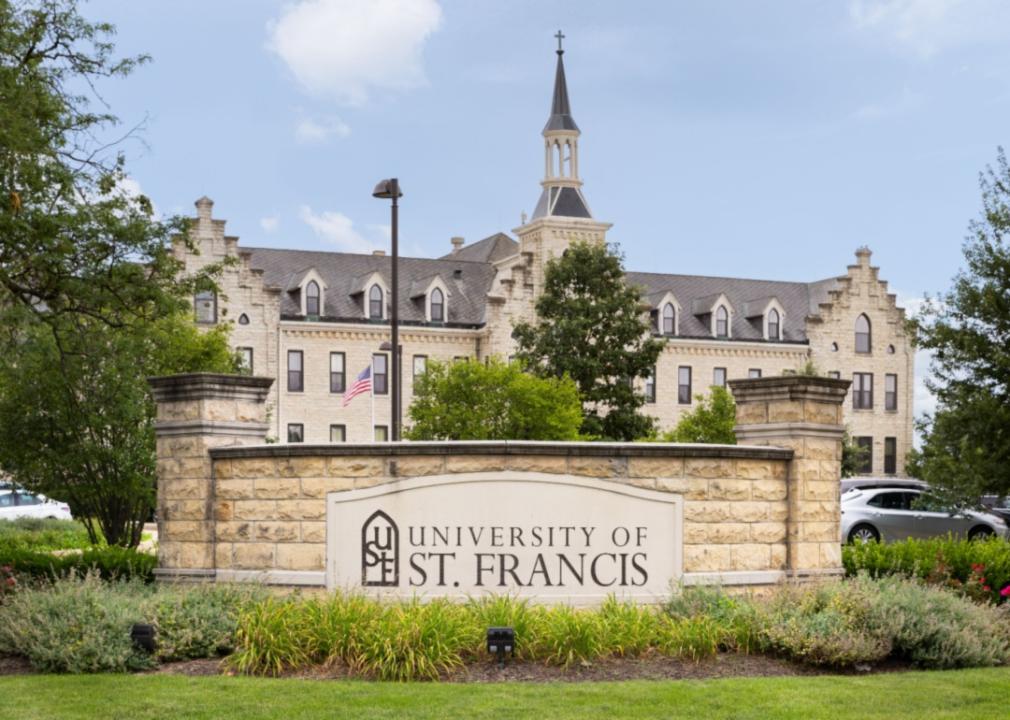 #44. University of St. Francis - Illinois A white stone building and sign at the University of St. Francis.