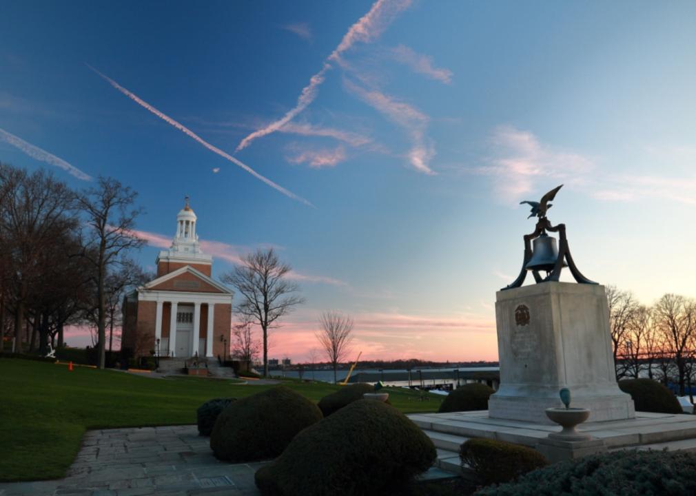 #43. United States Merchant Marine Academy USMMA chapel and memorial bell on the water.