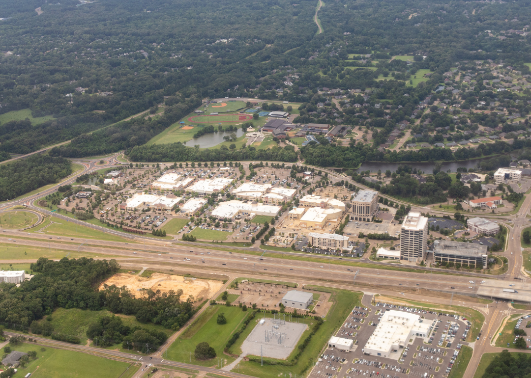 An aerial view of Renaissance at Colony Park Shopping Center next to I-55 near Jackson, Mississippi.