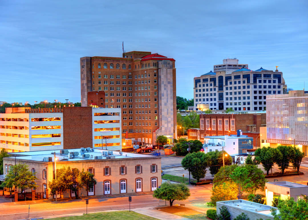 A parking garage and buildings in downtown Jackson.