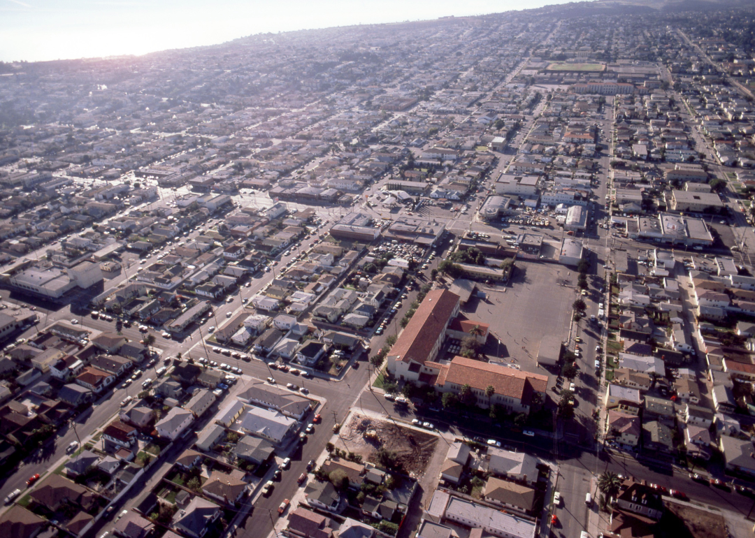 An aerial view of homes and buildings in San Pedro, California.
