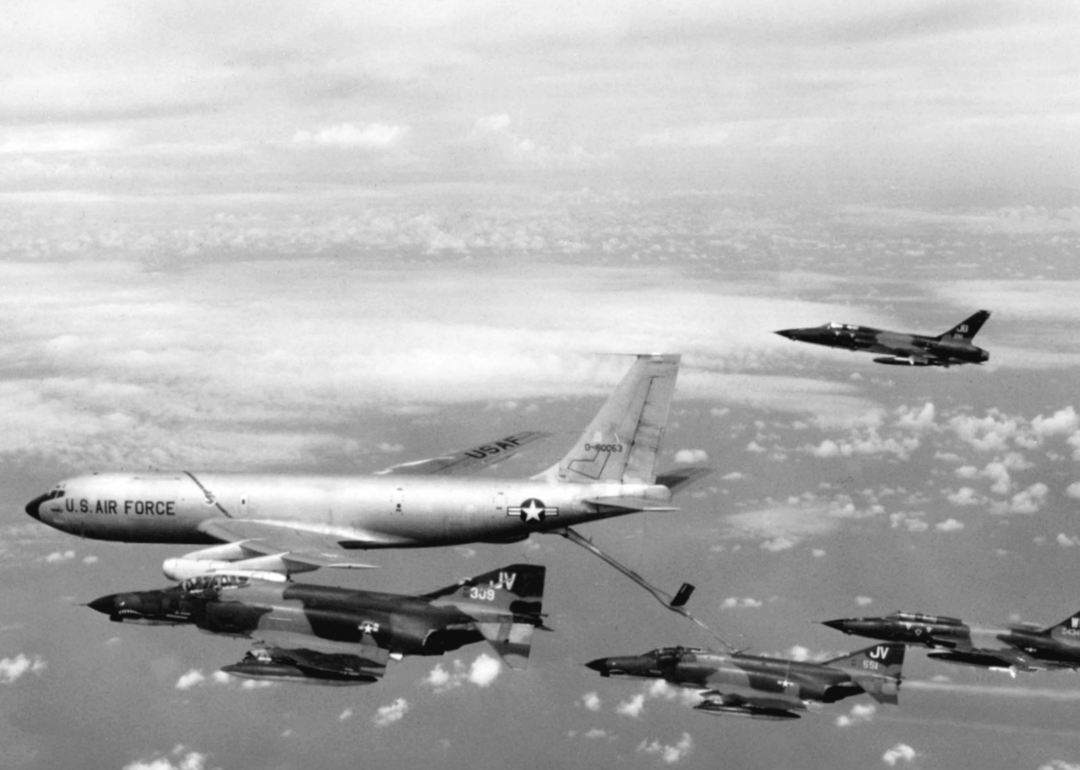A USAF surface-to-air missile hunter-killer team refueling on its way to North Vietnam during Operation Linebacker.