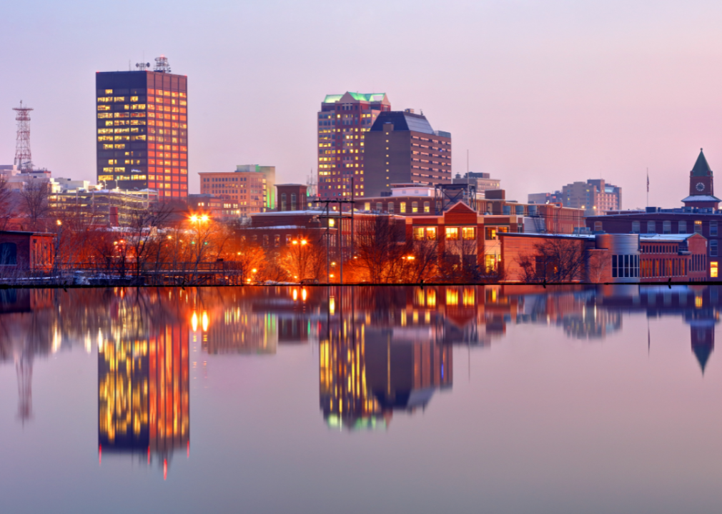 The skyline in downtown Manchester at dusk.