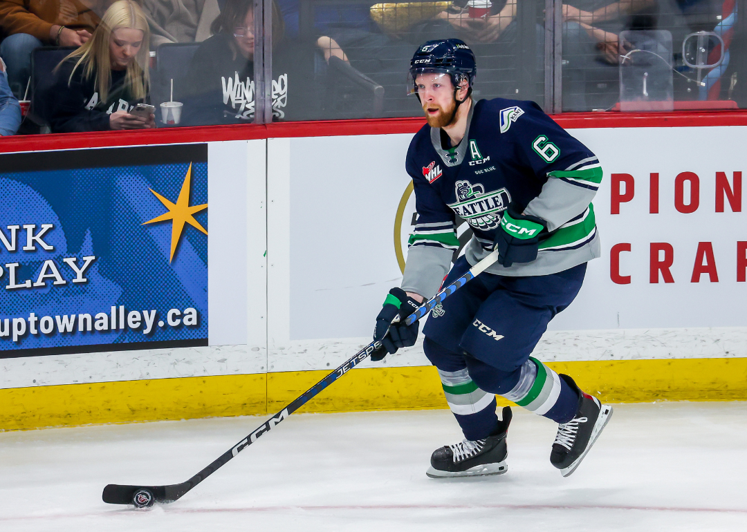 Luke Prokop, #6 of the Seattle Thunderbirds, playing the puck during second period action against the Winnipeg ICE in Game One of the 2023 WHL Championship Series at Canada Life Centre on May 12, 2023, in Winnipeg, Manitoba.