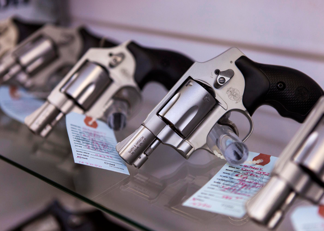 Handguns on display at Metro Shooting Supplies in Bridgeton.