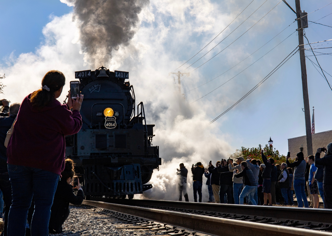 The last working steam locomotive 4014 “Big Boy” as it came through Conway on November 15, 2019, with crowds standing around the train taking pictures.