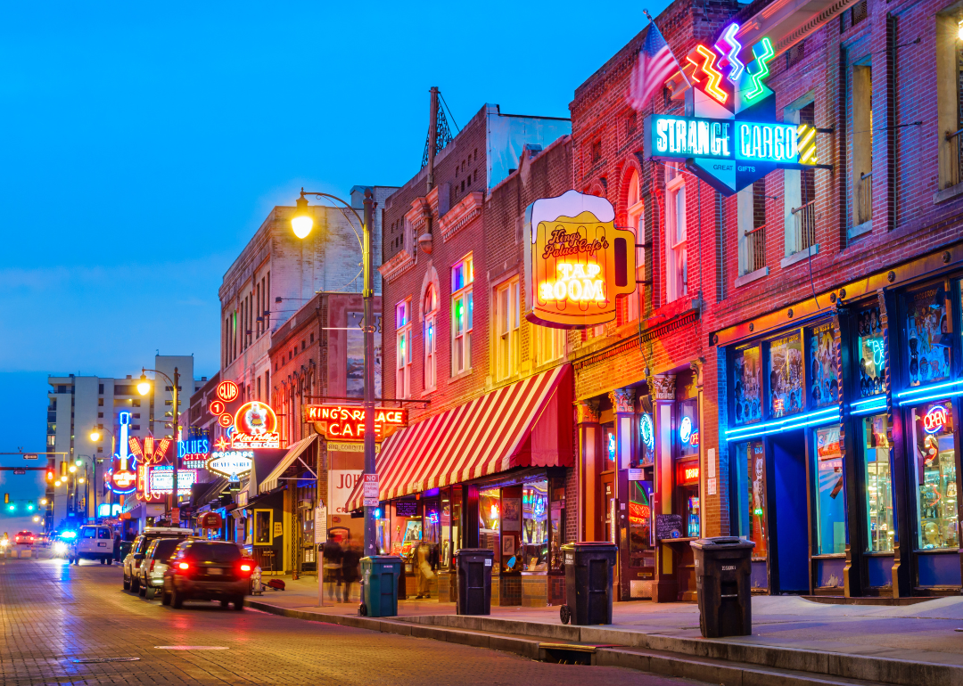 The Beale Street Music District in Memphis at night.