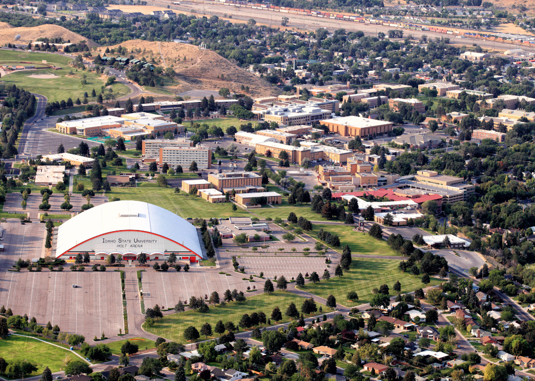 An aerial view of the Holt Arena and other buildings on the campus of Idaho State University in Pocatello.