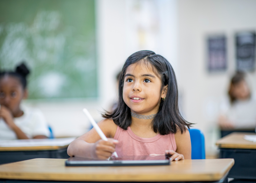 An elementary-aged student using an iPad in class.