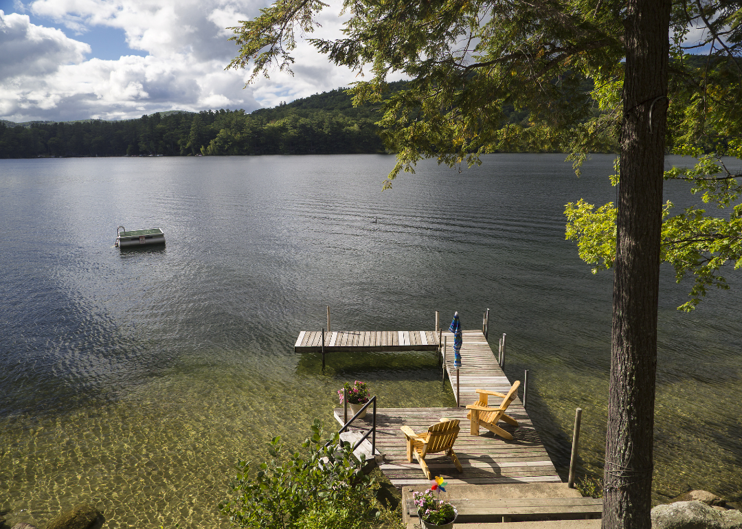 A private dock, chairs, and swimming area on Squam Lake.